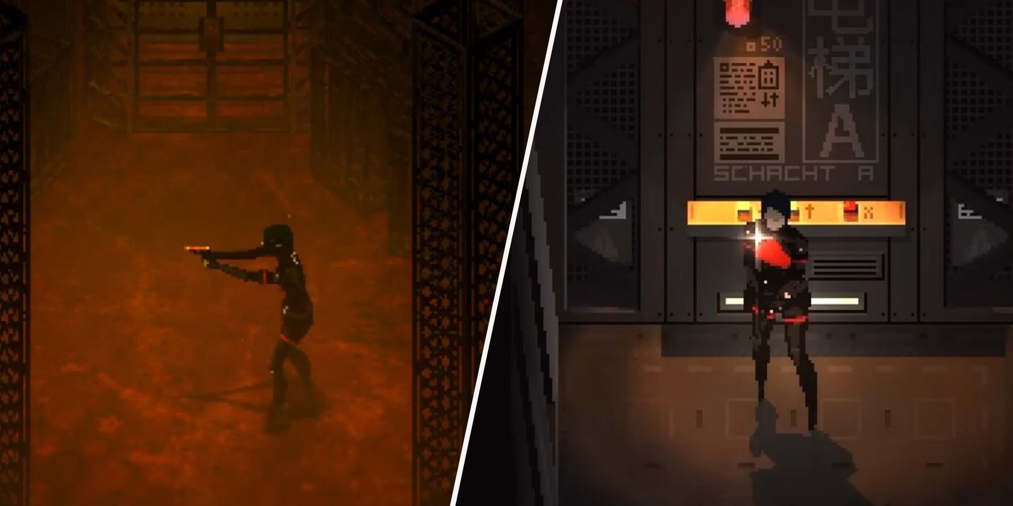 Signalis split image, On the left is Elster in an orange foggy room, she;s aiming her pistol at something out of frame. On the right is Elster riding an elevator, weapon ready in hand.