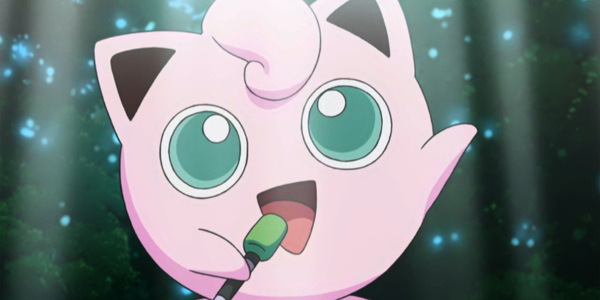 Jigglypuff sings into her microphone in a forest