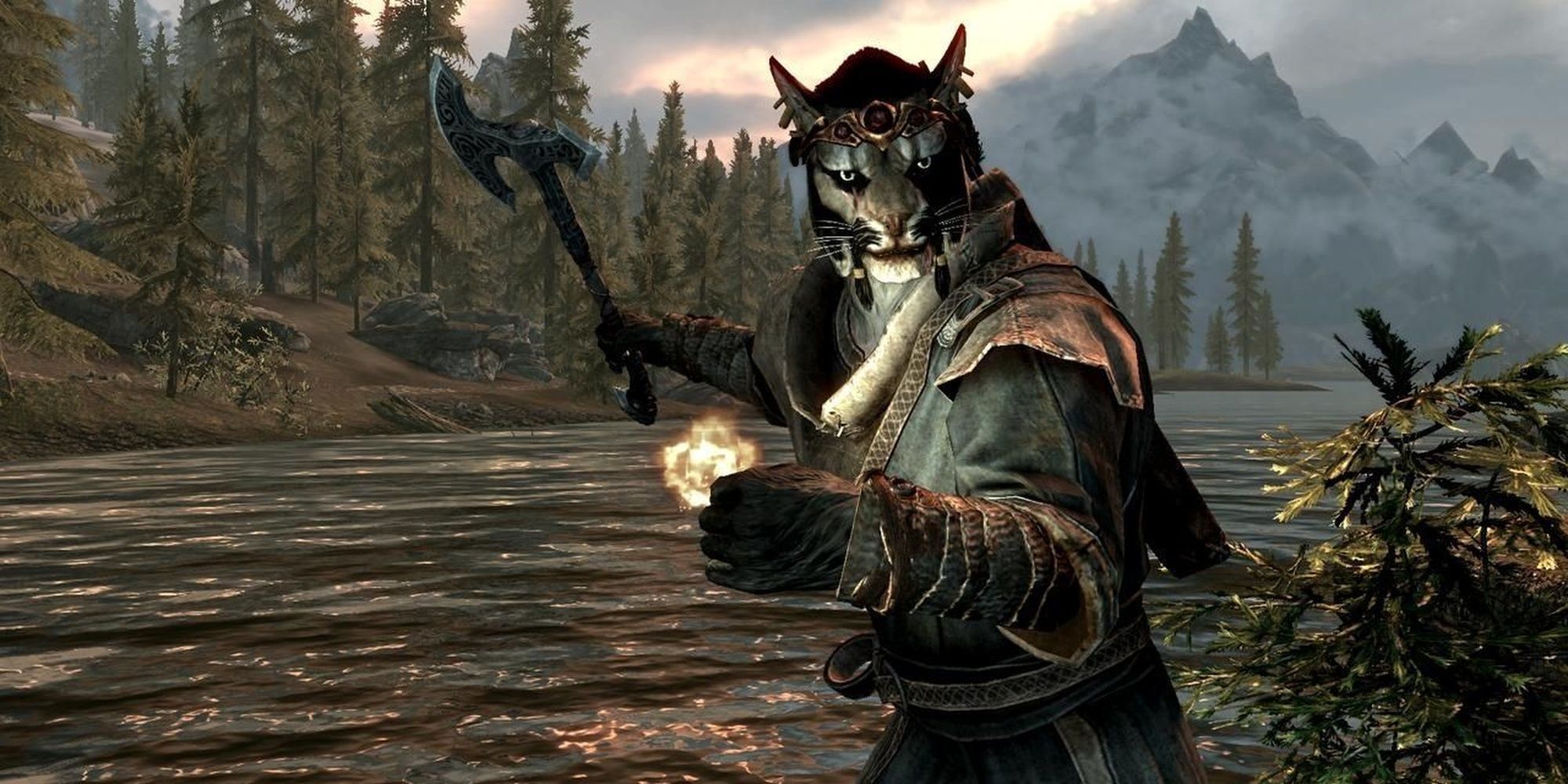 A cat-like Khajiit readies his axe and channels a spell by a river.