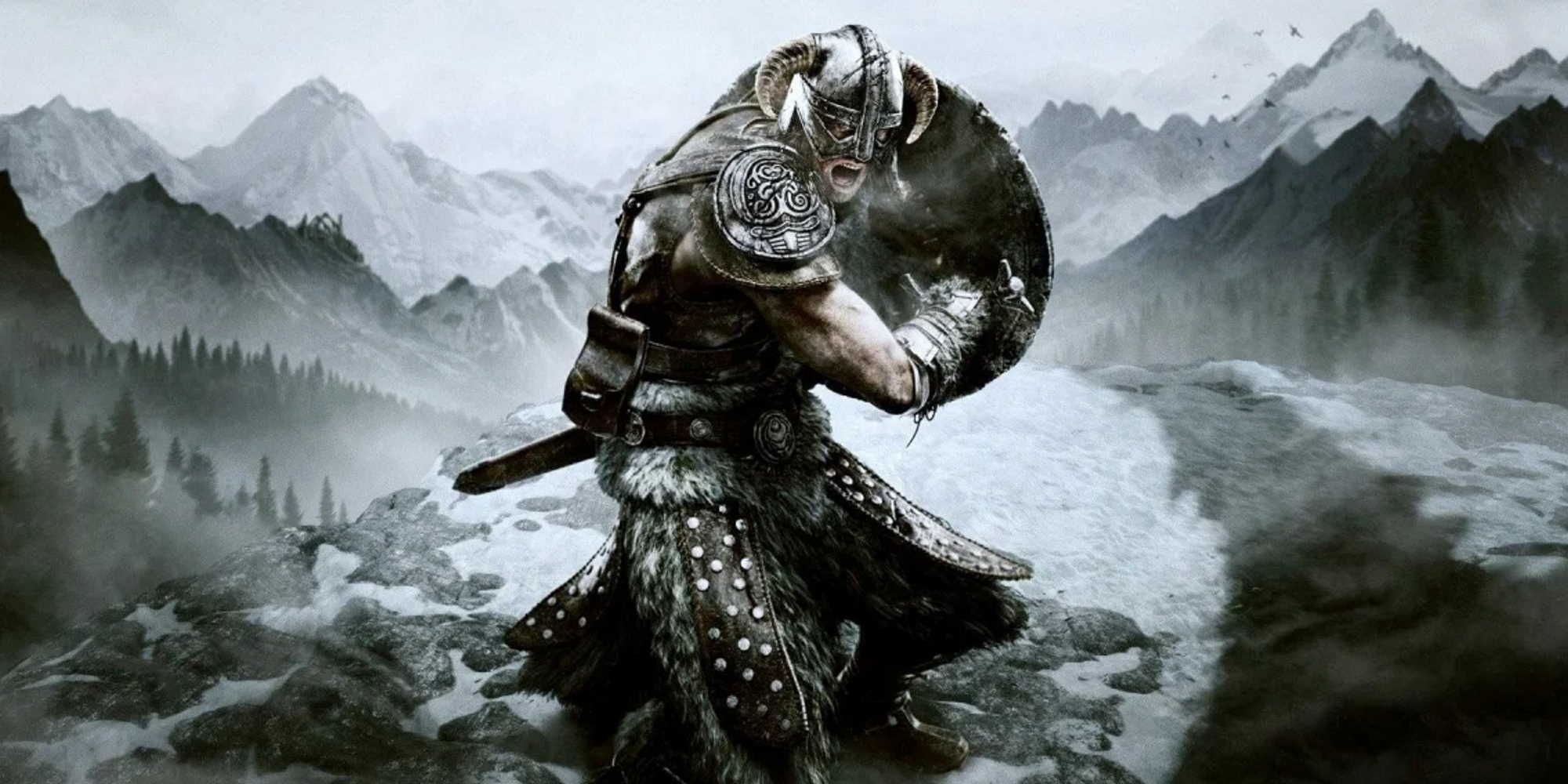 Skyrim viking character holding a shield in a snowy environment