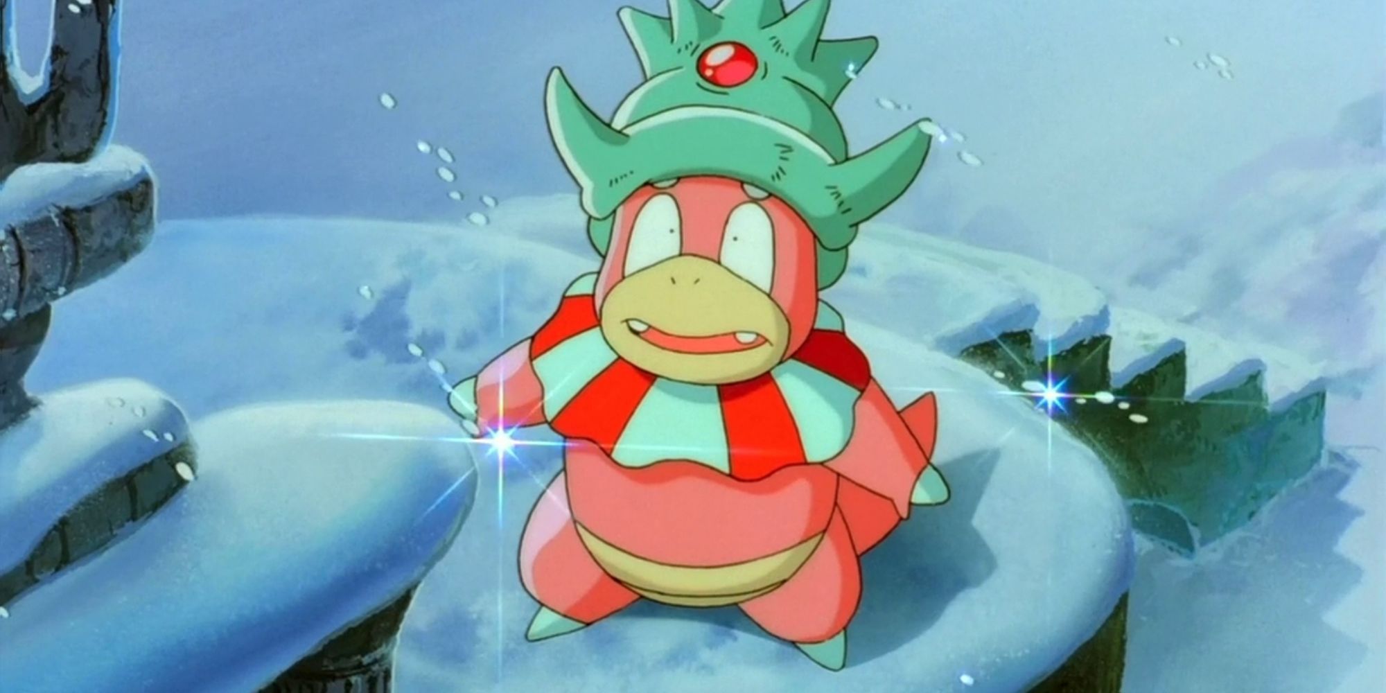 Slowking looks towards the sky while standing on a snowy platform