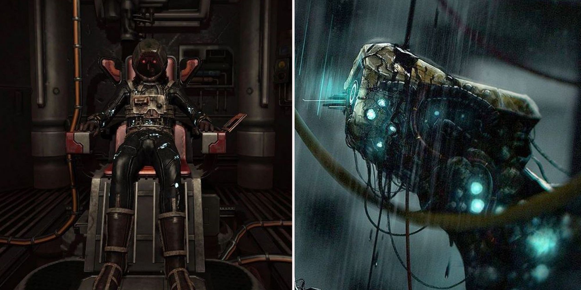 Soma, character in a black suit on the left. They're strapped to a chair and have red glowing eyes. On the right is one half of the official poster featuring a robot emanating a glowing blue light.