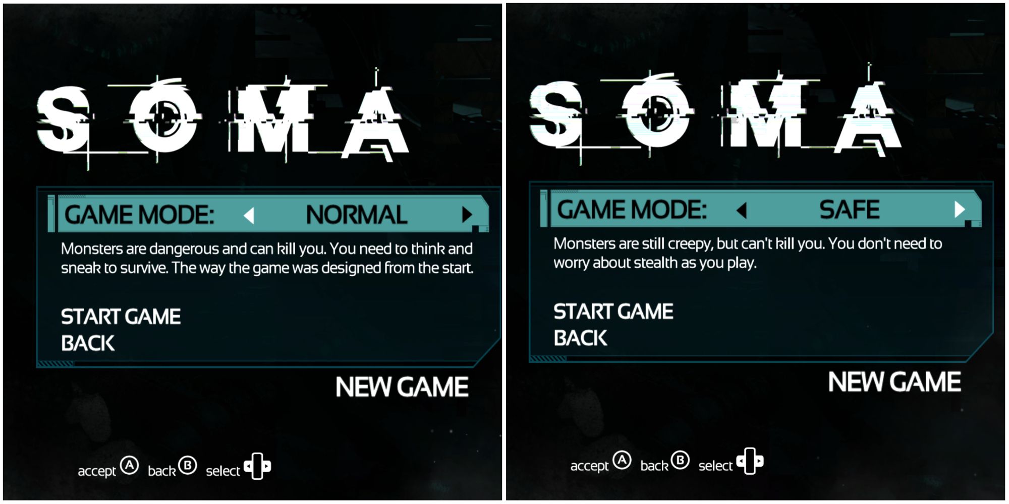 soma normal mode and safe mode descriptions at start of game