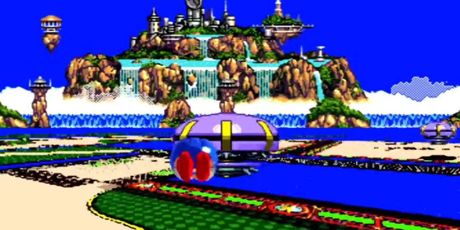 Sonic about to destroy a UFO in the special stage of Sonic CD.