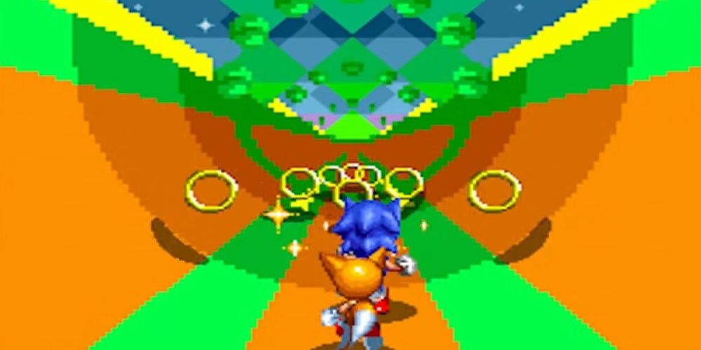 Sonic and Tails blasting through the original half-pipe in Sonic 2.