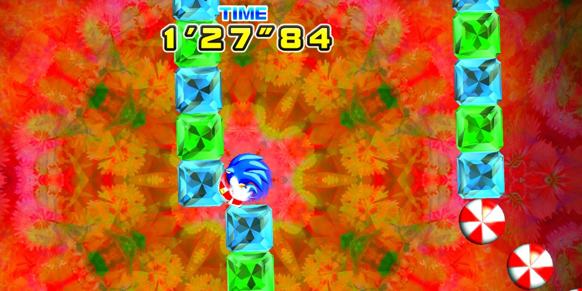 Sonic curled up in a ball going through the remade rotating maze in Sonic 4 Episode 1.