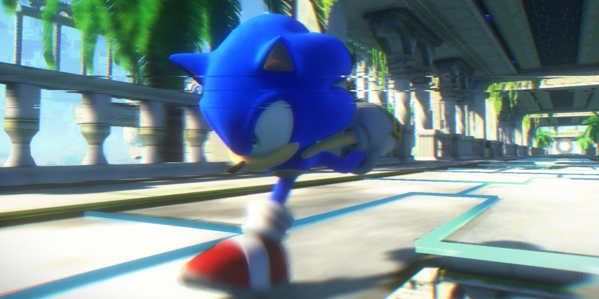 sonic-frontiers, sonic running fast down a corridor