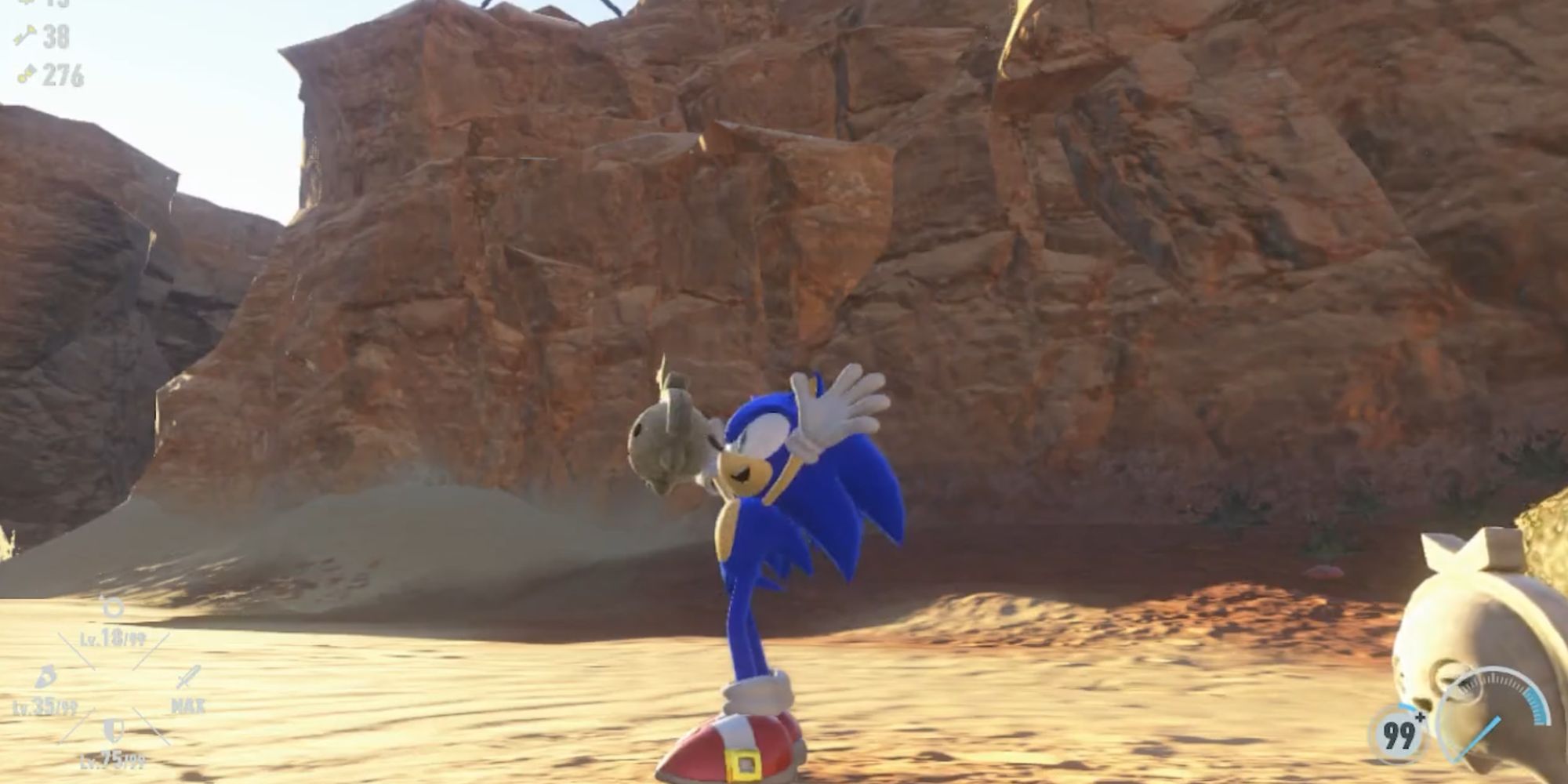 Sonic raises his hands in the year of victory.  He is holding a Koco - a cute little stone creature. 