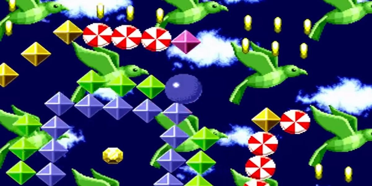 Sonic needing to get through the gems to get to the emerald in the original rotating maze in Sonic 1.