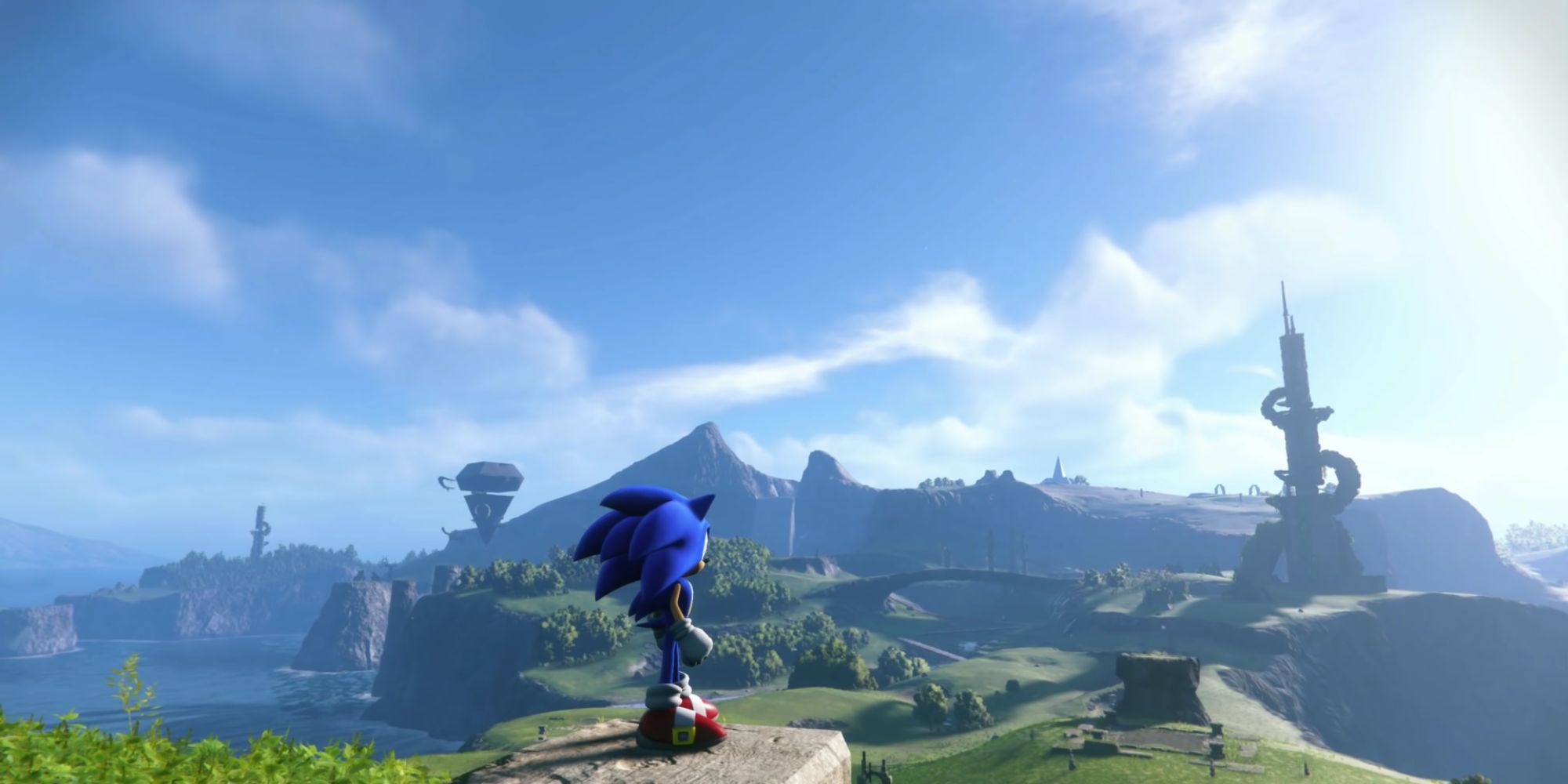 Sonic looking out at Kronos Island in Sonic Frontiers.