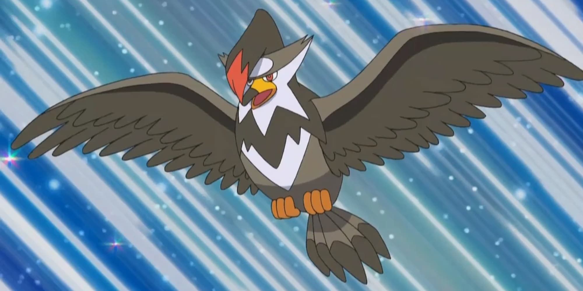 Ash's Staraptor from the Pokemon anime flies into battle.