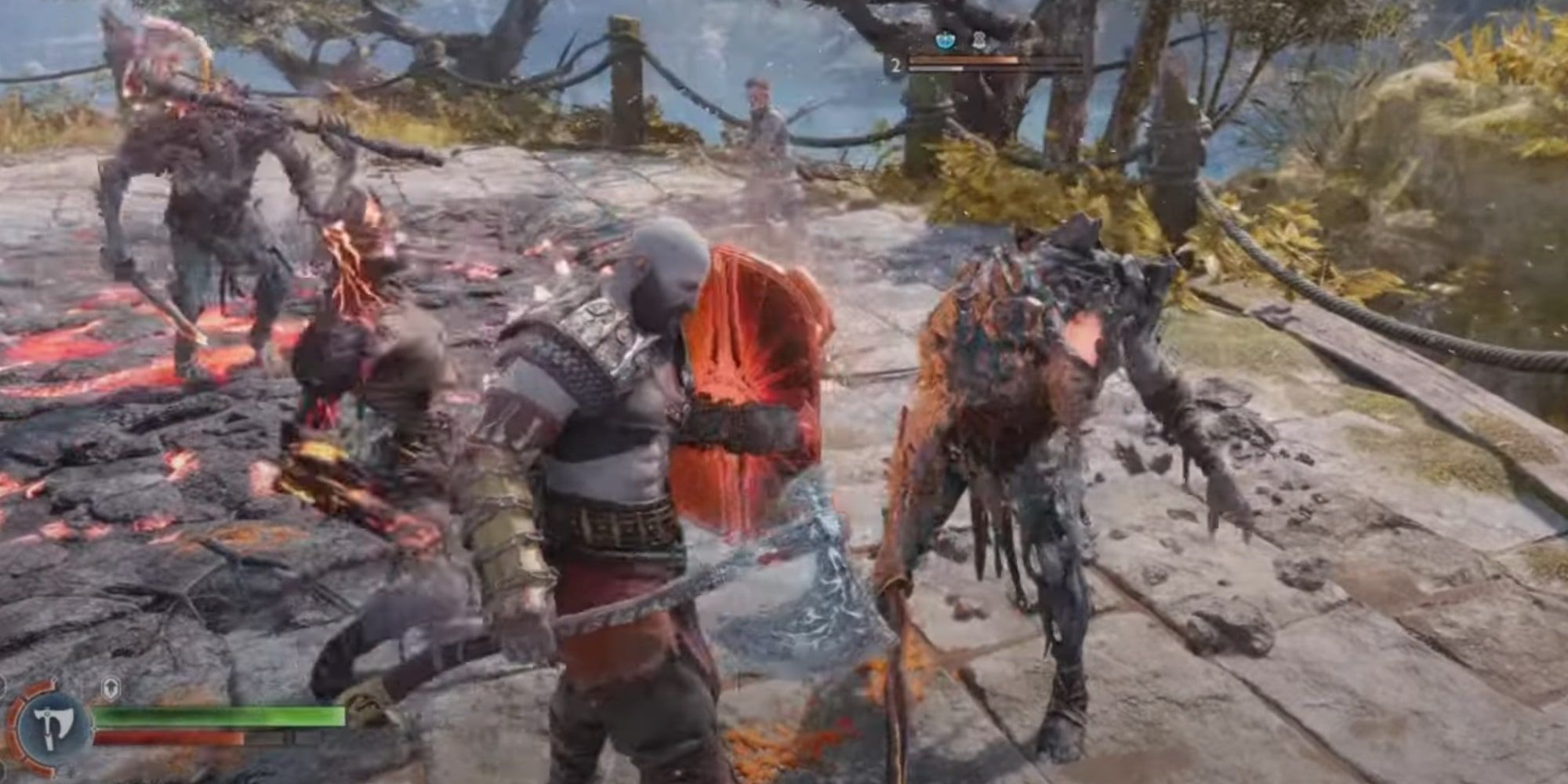 God Of War Ragnarok Stone Wall Shield, Kratos fighting several Draugr