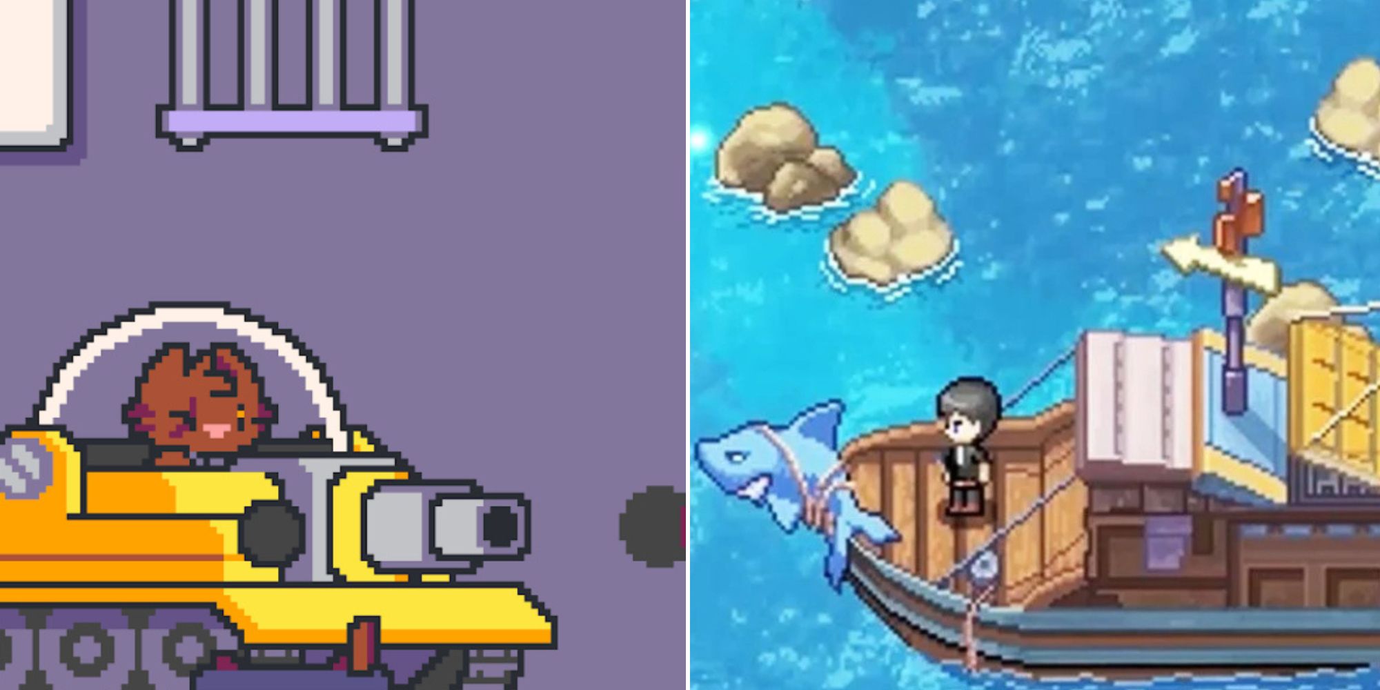Cat from Super Cat Tales 2 in a tank and character from Harvest Town in a ship.