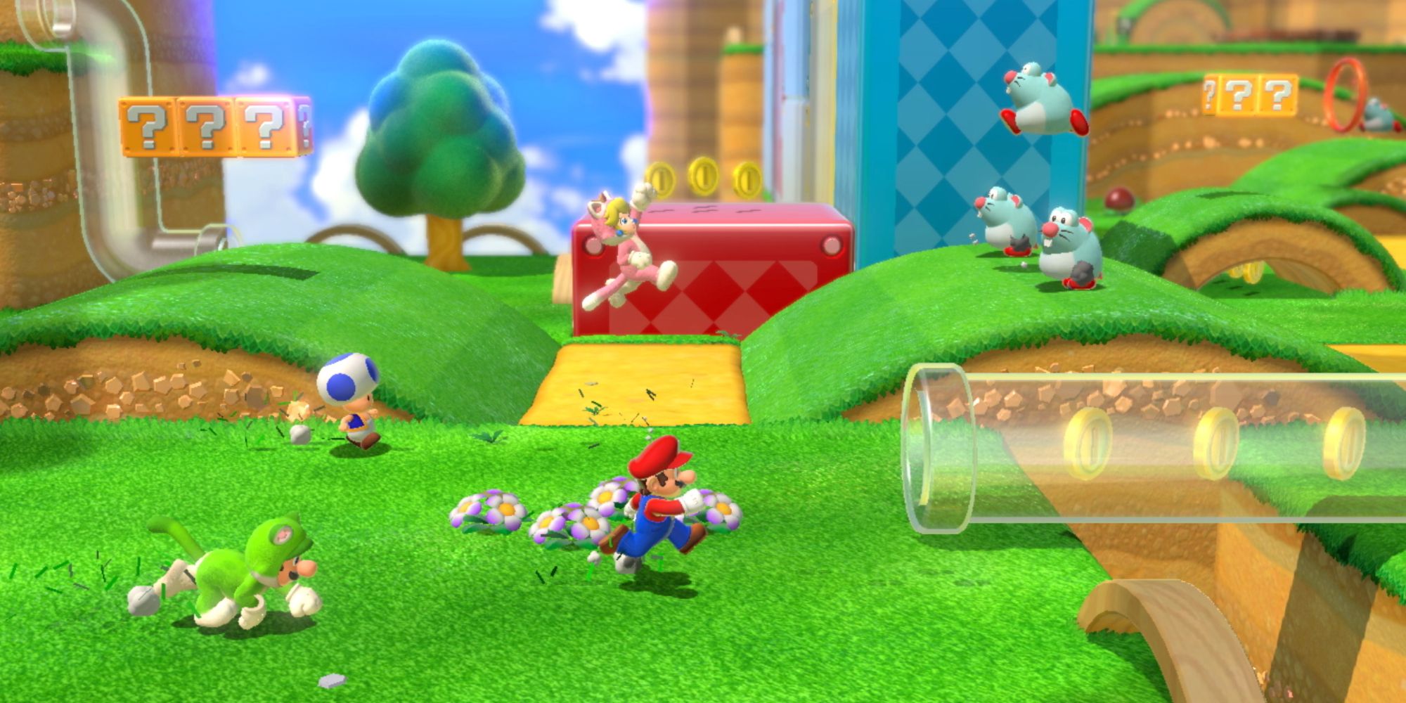 Mario, Luigi, Toad, and Princess Peach running through a grass level in Super Mario 3D World