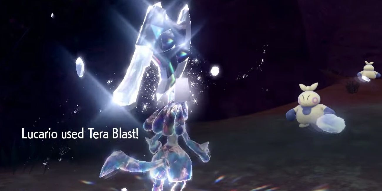 Lucario about to use Tera Blast against a Makuhita