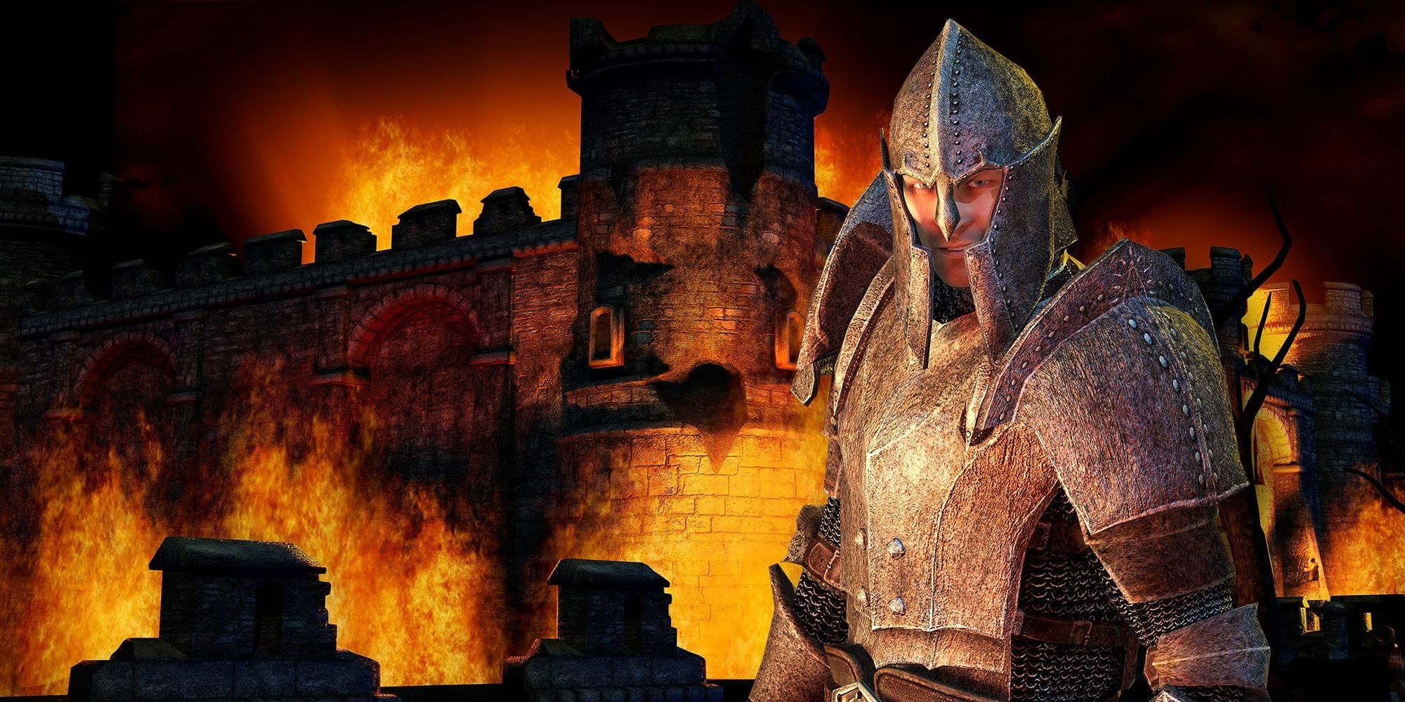 Official artwork of The Elder Scrolls 4: Oblivion, showing a knight in front of a burning castle.