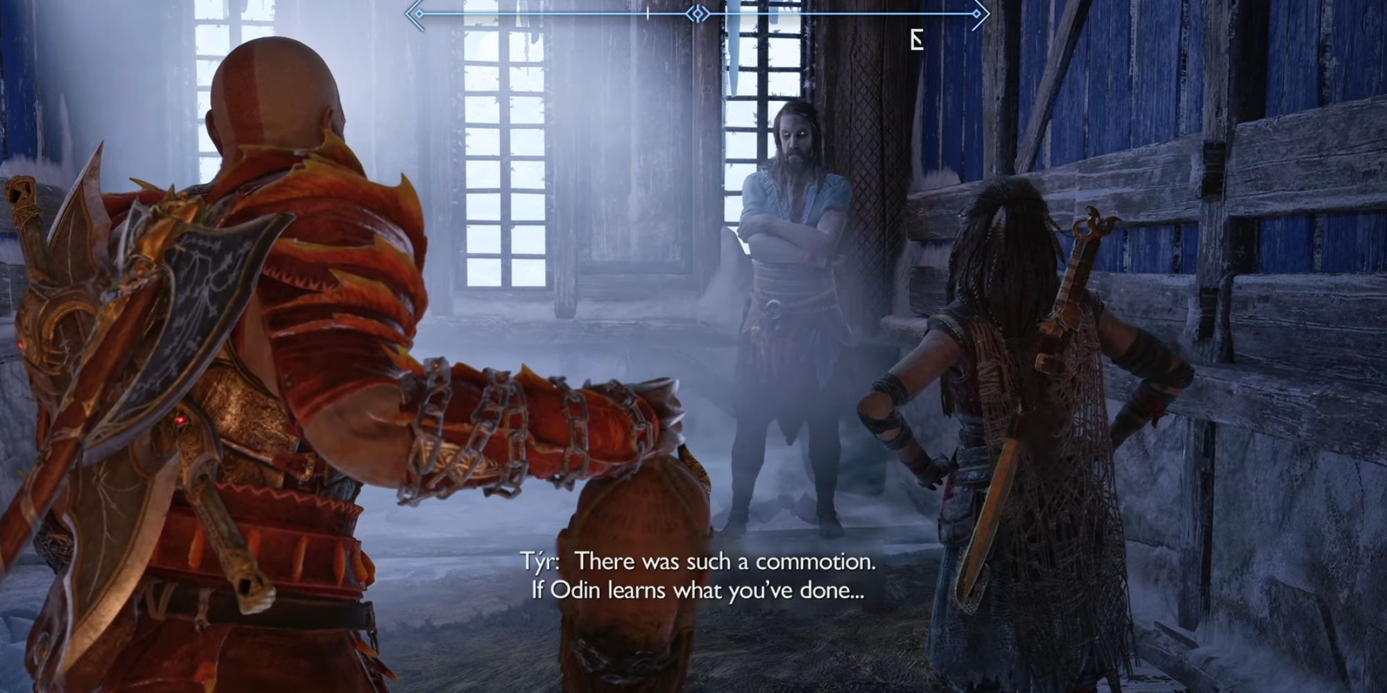 Kratos holding Mimir's head up and standing next to Freya. In front of them stands Tyr with his arms folded. Tyr is currently talking.
