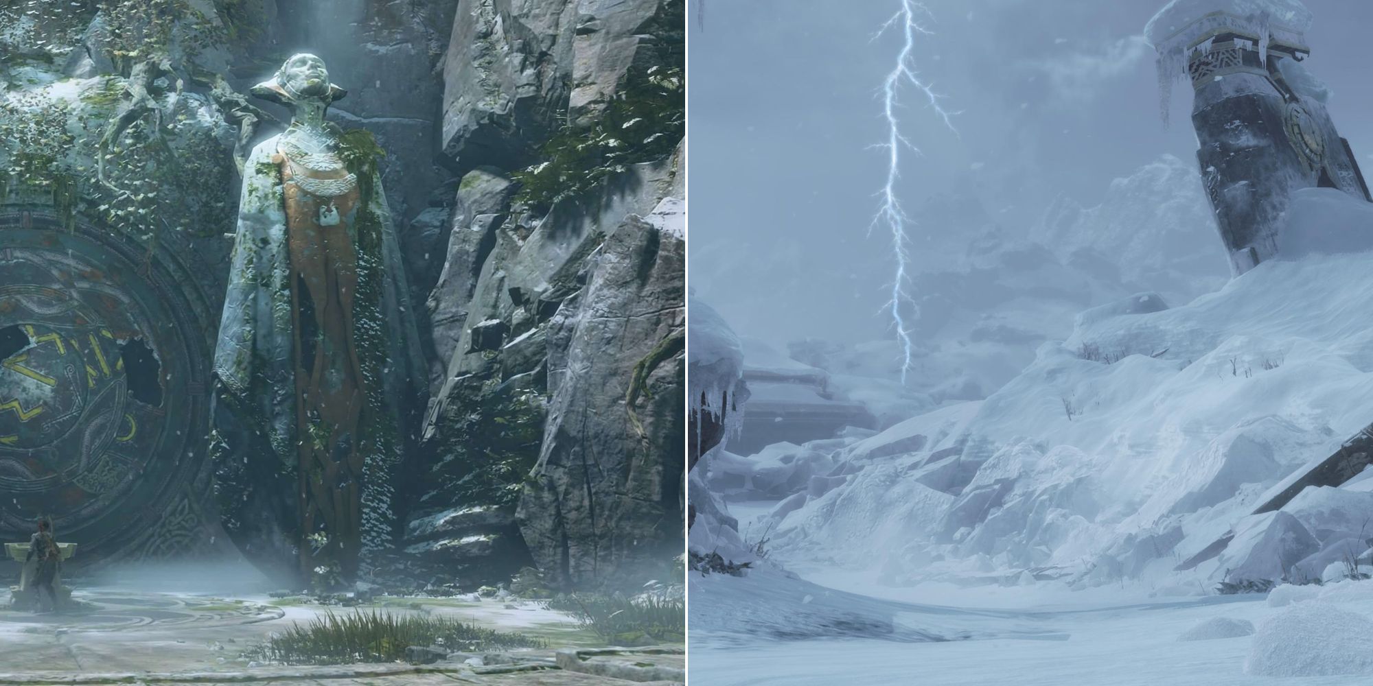 Split image of God of War. On the left is a towering green statue from God of War 2018. On the right is lightning in Midgard during Ragnarok, reaching all the way from the sky to the ground.