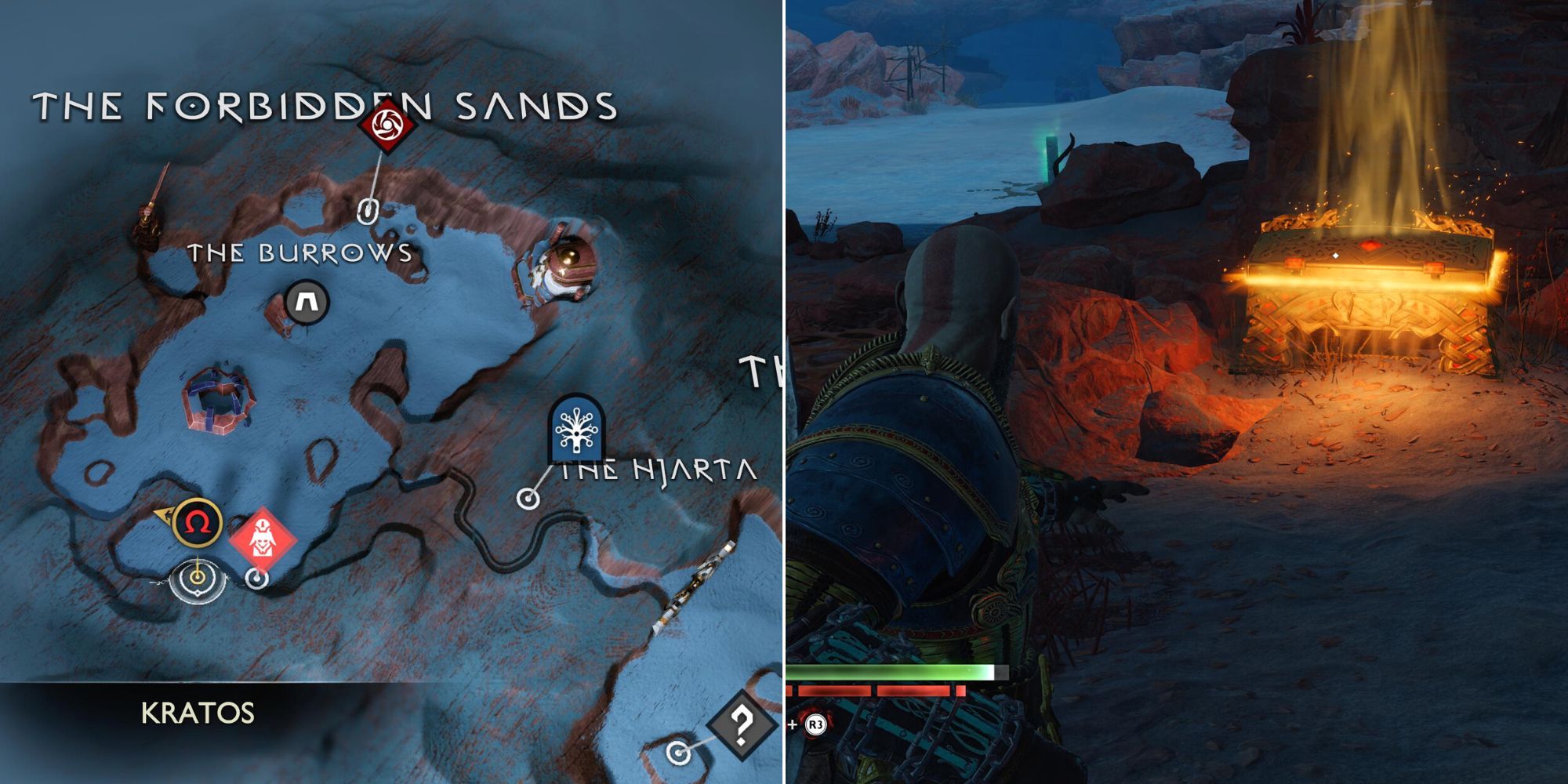 Two photos. The left is the map location at The Forbidden Sands, the right is Kratos standing near a legendary chest.