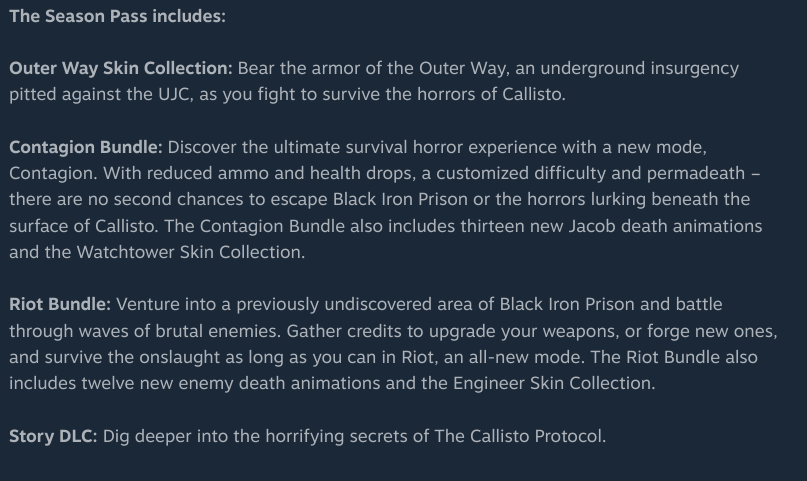 The Callisto Protocol's season pass contents.