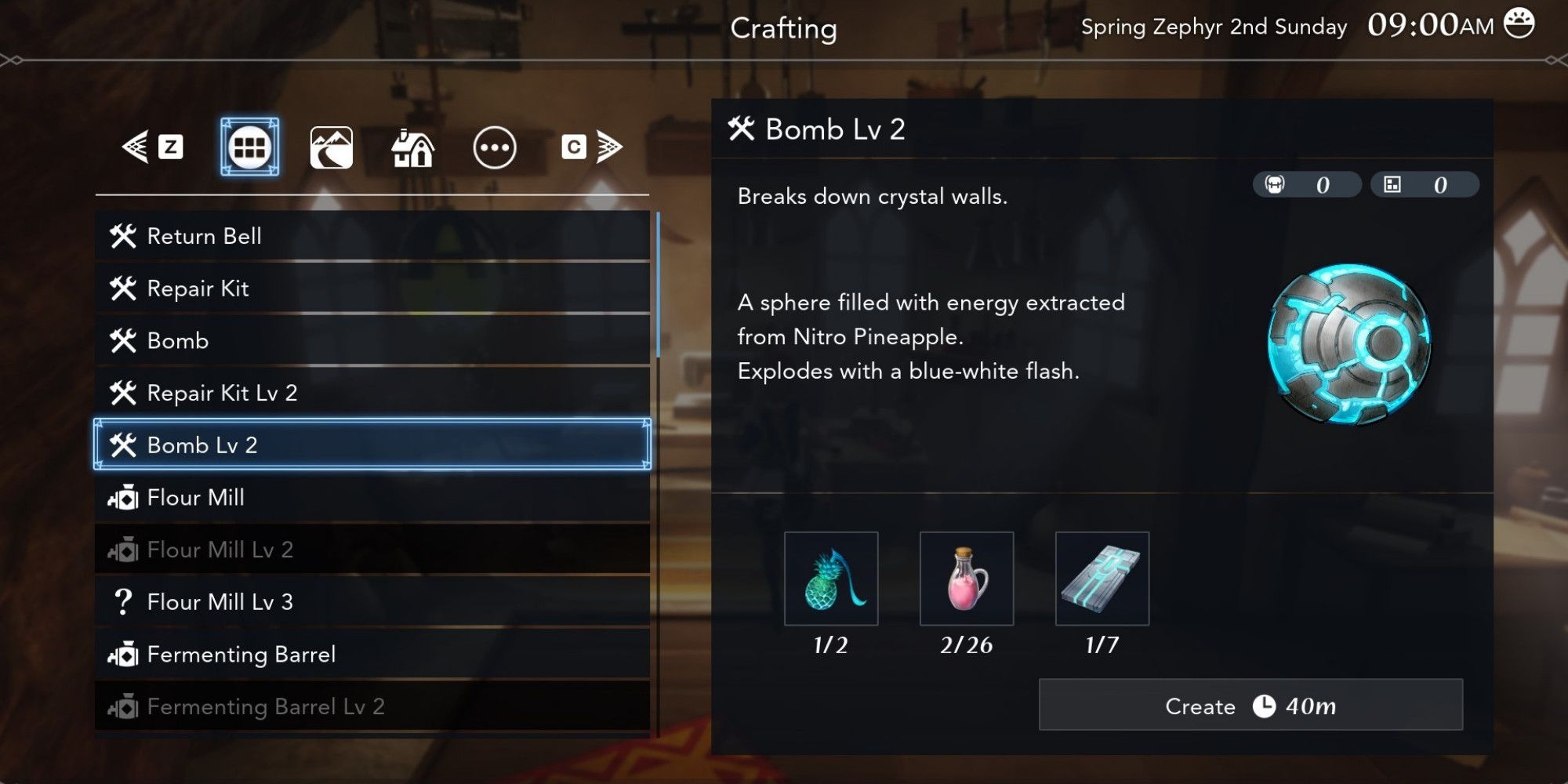 Harvestella - Crafting Menu For Repair Kits And Bombs