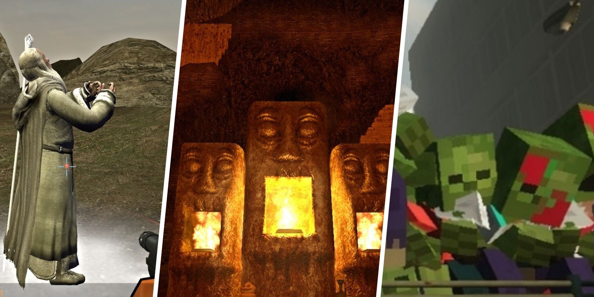 Left 4 Dead 2 mods with Minecraft, a man looking to the sky, and faces built ina. temple for L4D2 best mods