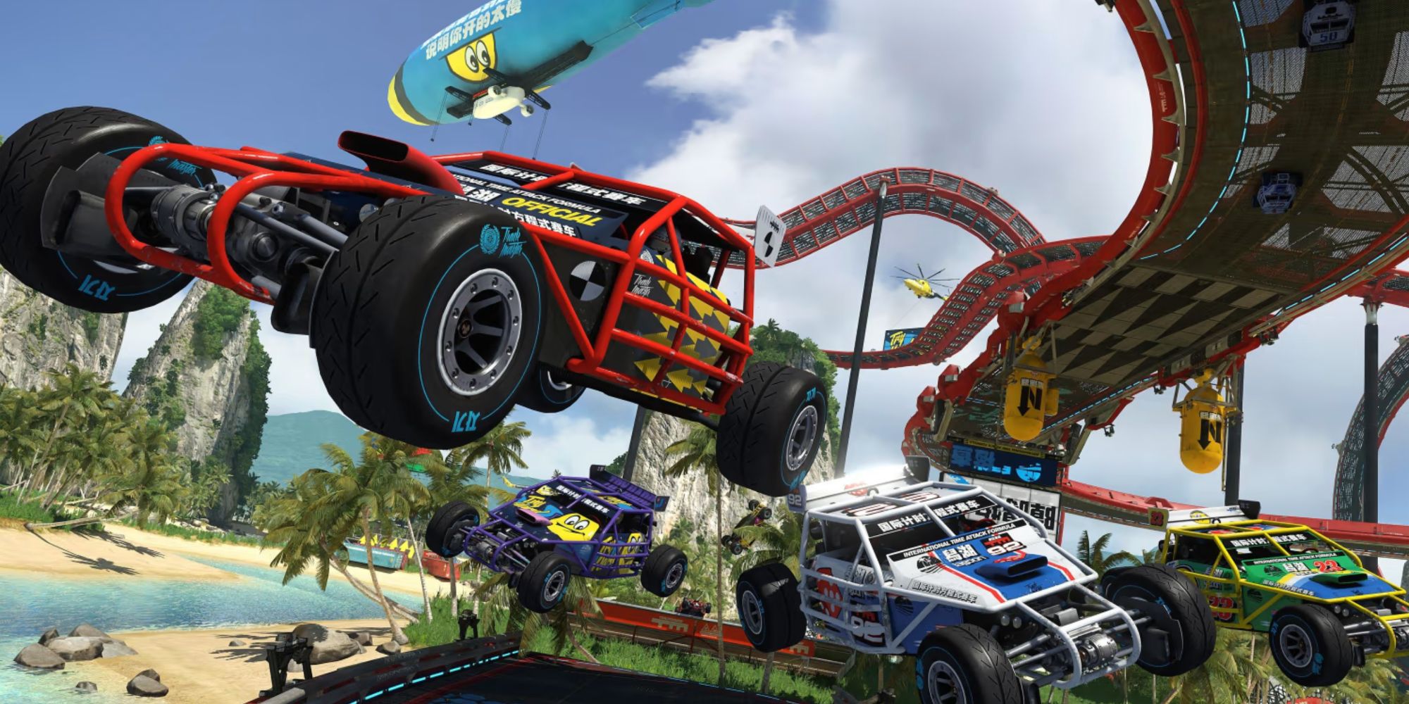 Promotional Art for Trackmania Turbo Featuring Rally-Esque Cars MidFlight