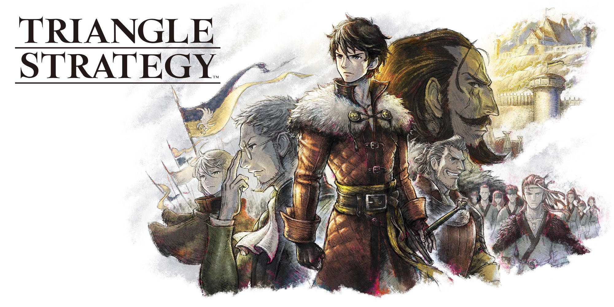 Official artwork of Triangle Strategy, featuring many of the games main characters.