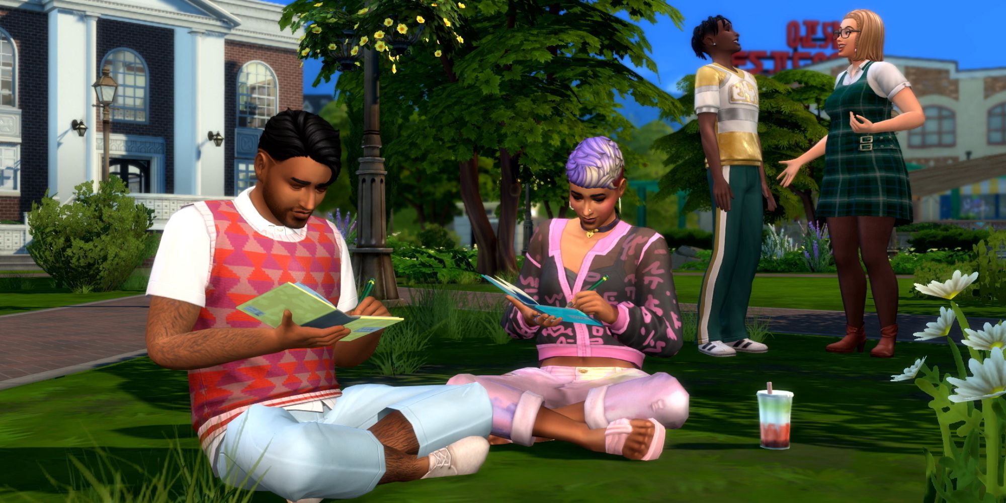 TS4 teens chilling in high school courtyard