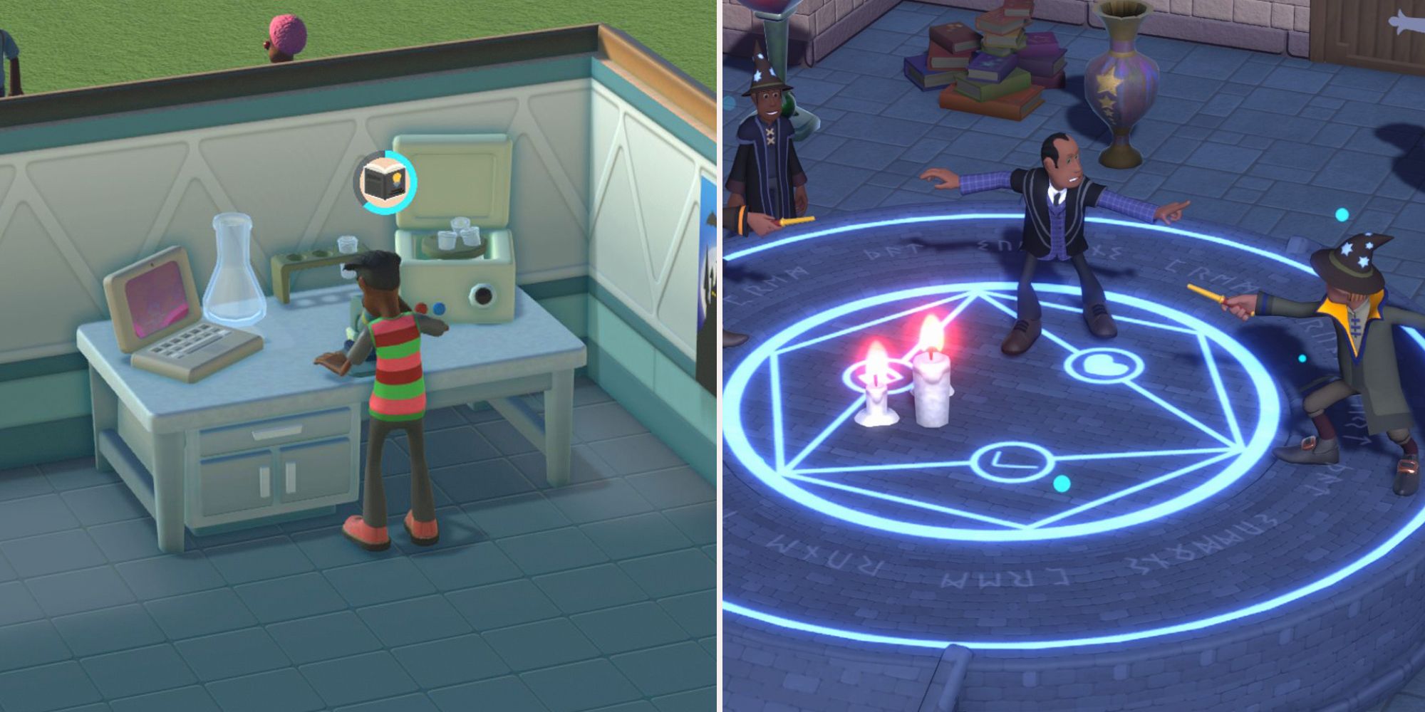 Two images. The left is a student using a desk for a class. There's a laptop and science equipment near the back. The right photo is a student and teacher casting spells during class.