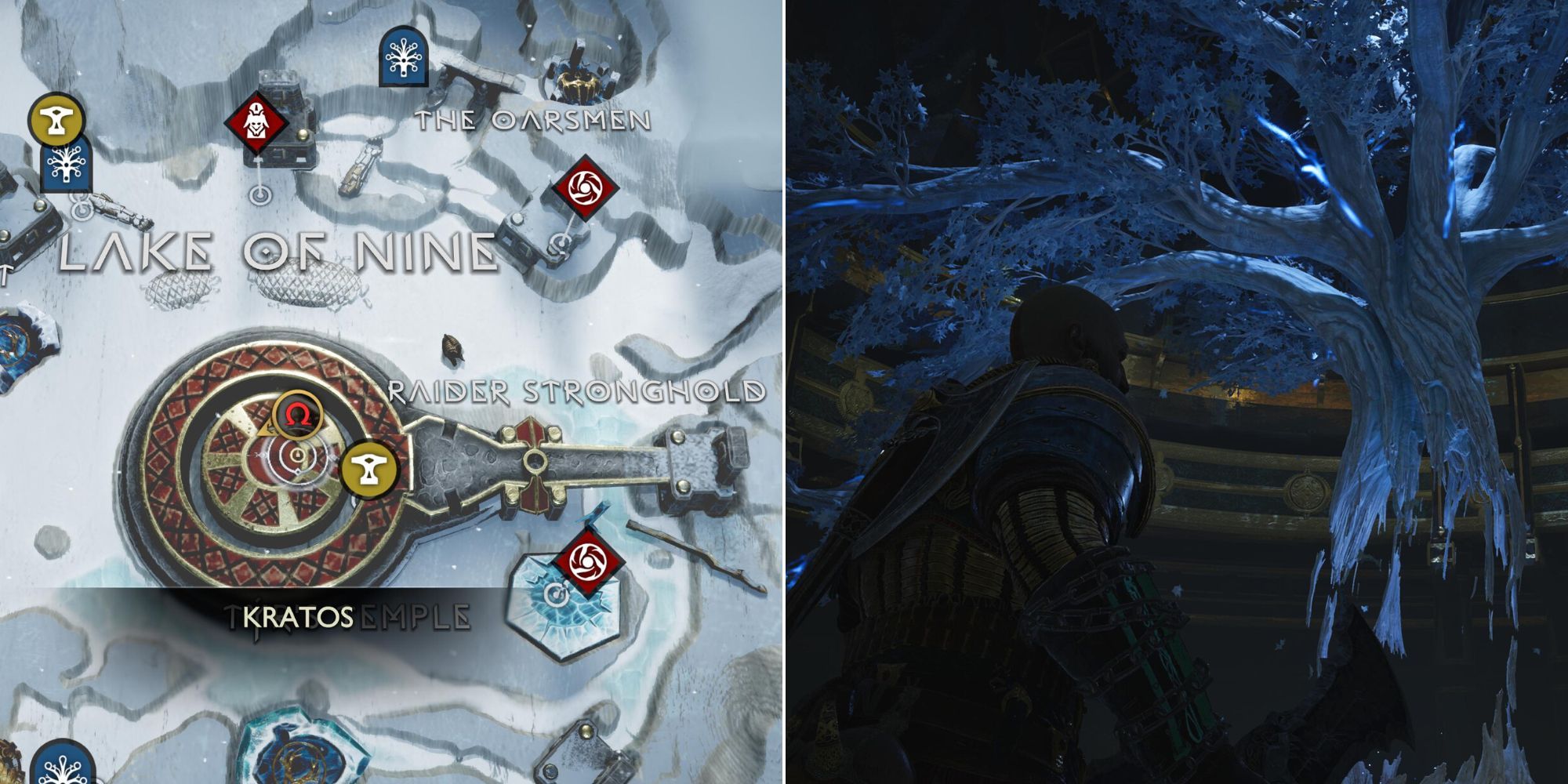 Two photos. Location of the Lake of Nine map on the left, and Kratos standing in the Realm Travel room on the right.