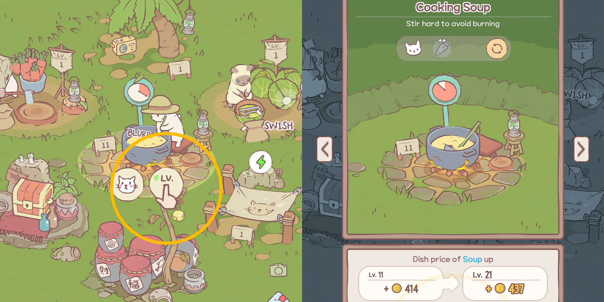 Left Panel: A finger points to the level up icon at a soup station. Right Panel: The soup station upgrade menu. Both images from Cats And Soup.