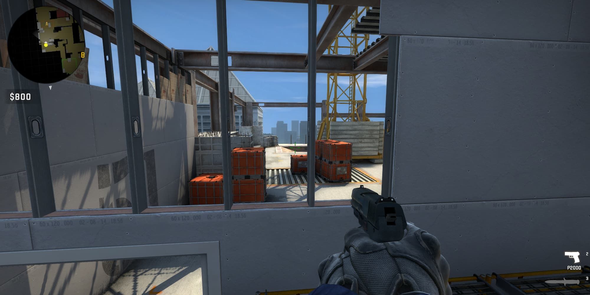 At Back of A on Vertigo, a player stands on the scaffolding to look through an unfinished wall.