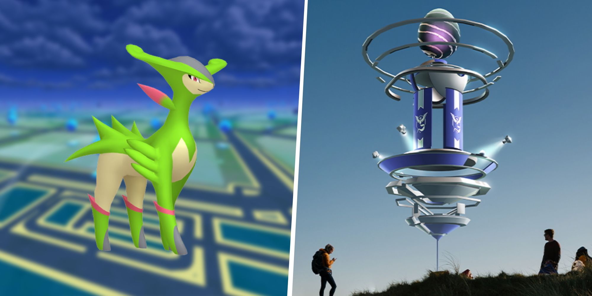 Image of Virizion from Pokemon split with an image of a Pokemon Go Raid with people around it