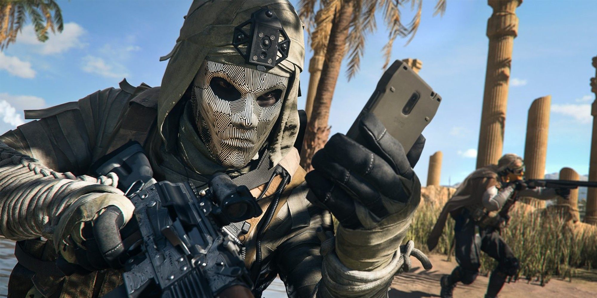 soldier using a phone in warzone