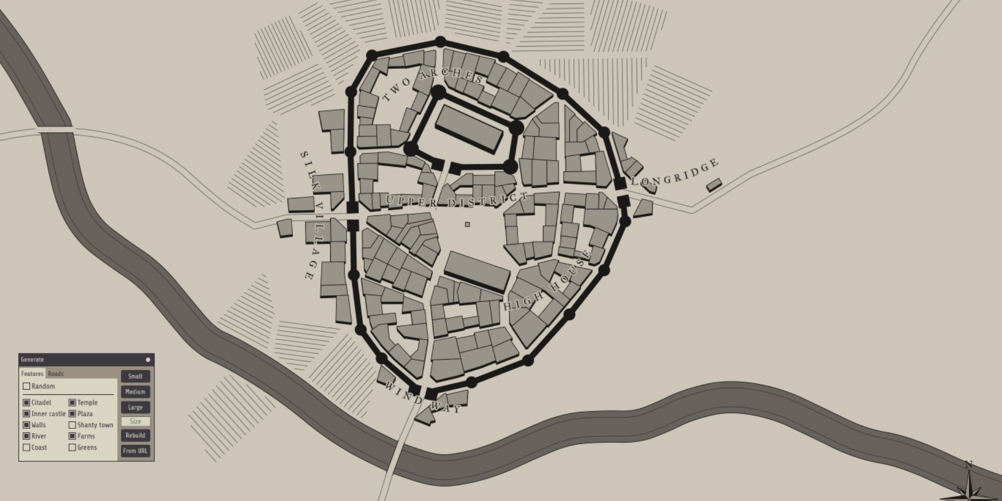Randomly generated black and white cityscape complete with farms, roads, walls and rivers