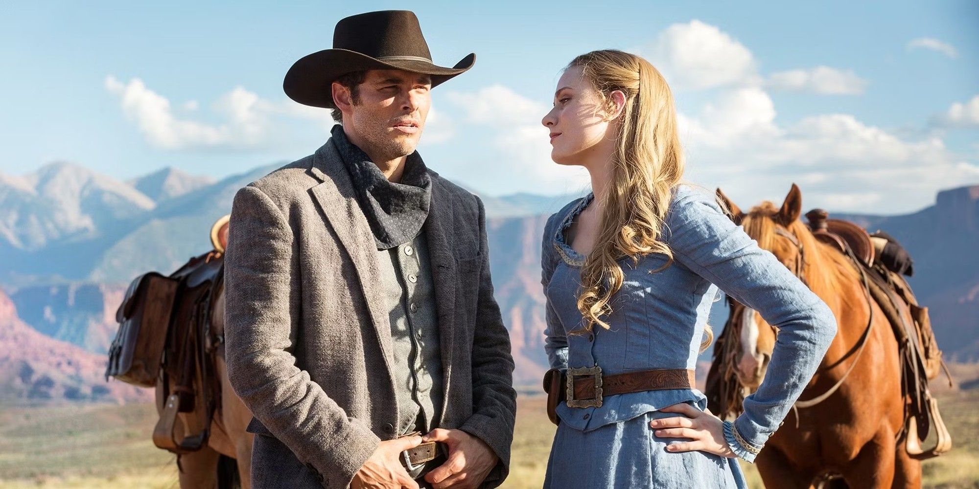 Westworld screenshot from Season One, Teddy and Dolores