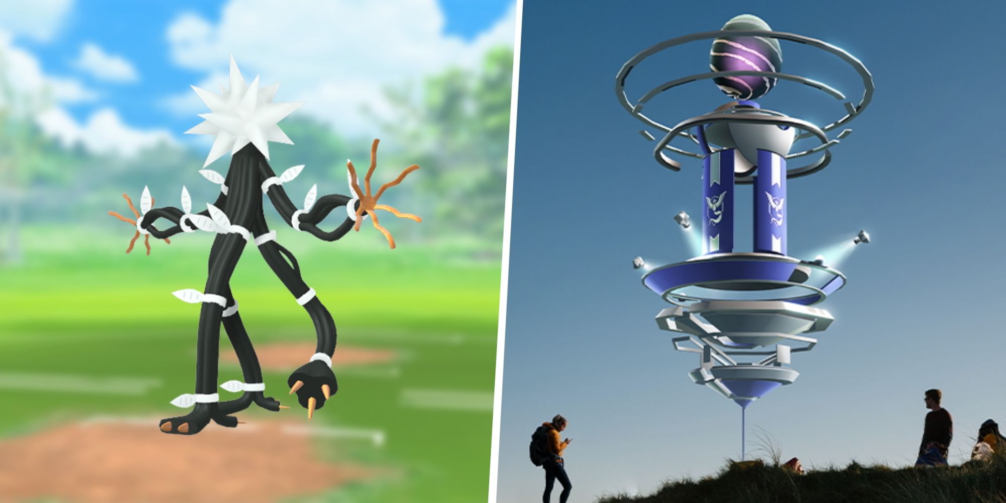 Image of Xurkitree from Pokemon split with an image of a Pokemon Go Raid