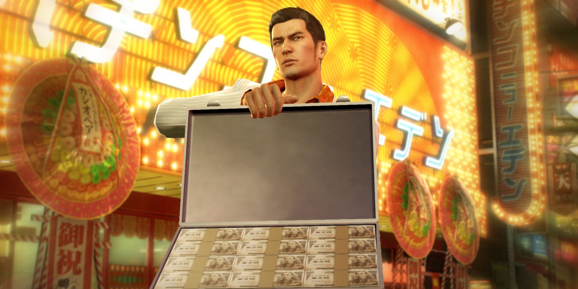 Kazuma Kiryu holding a briefcase of money.