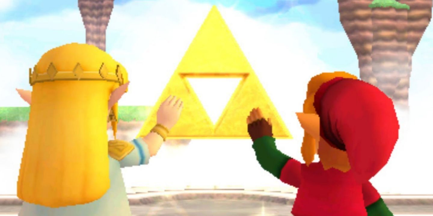 Zelda and Link touching the Triforce at the end of A Link Between Worlds.