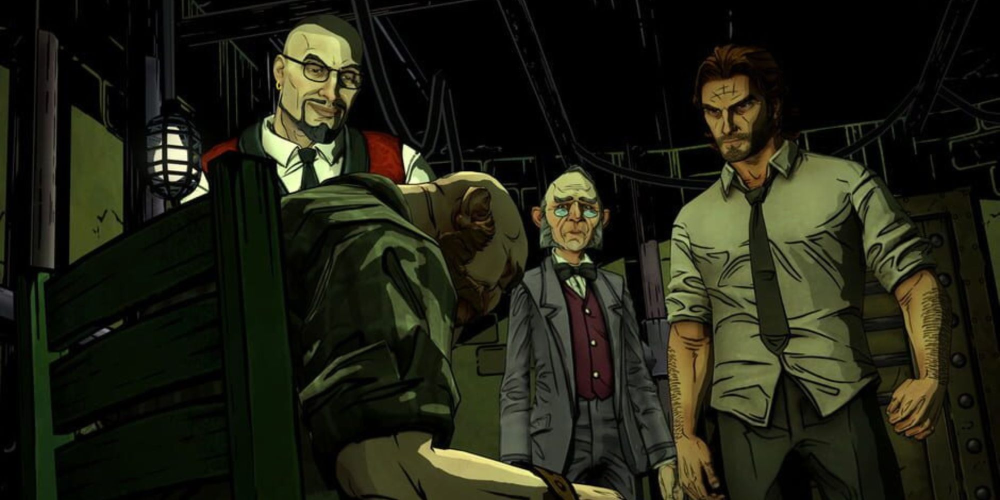 Bluebeard, Ichabod, and Bigsby interrogate Woodsman in The Wolf Among Us.