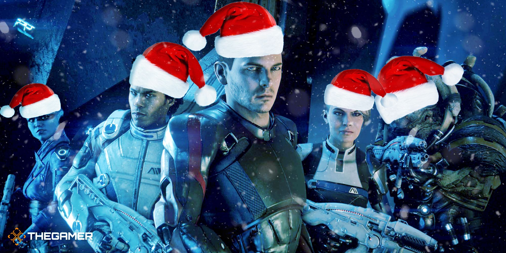 Mass Effect characters in Santa hats
