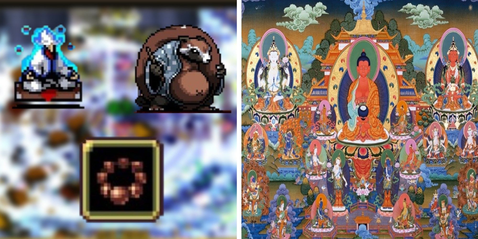 Sprites from Vampire Survivors alongside traditional Buddhist art.