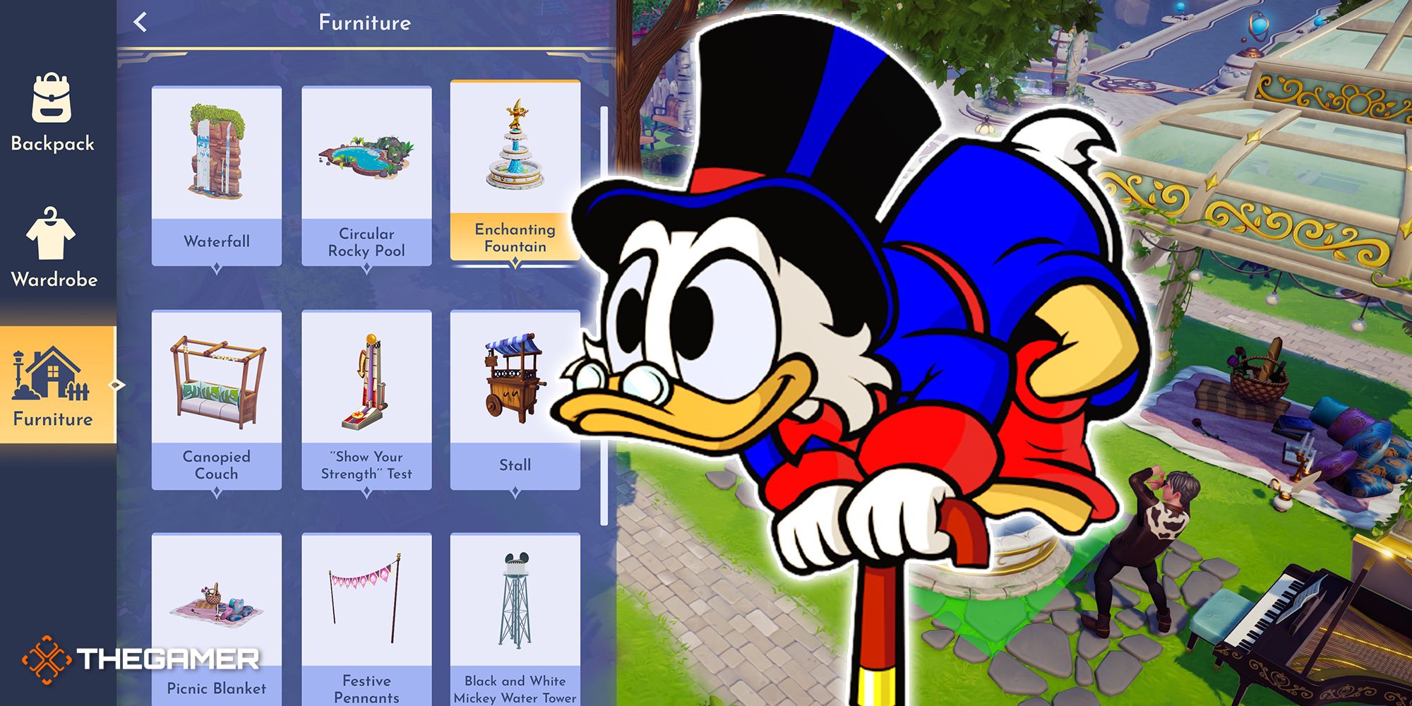 Screenshot from Disney Dreamlight Valley and Scrooge McDuck.