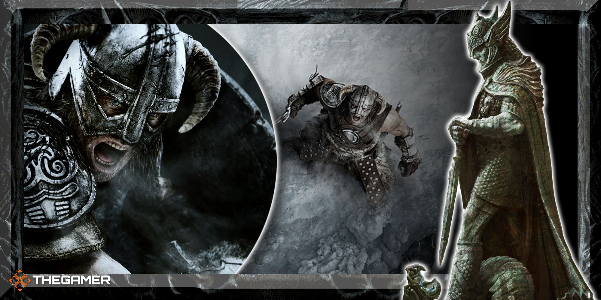 An annotated image with multiple instances of the Dragonborn screaming at the camera.