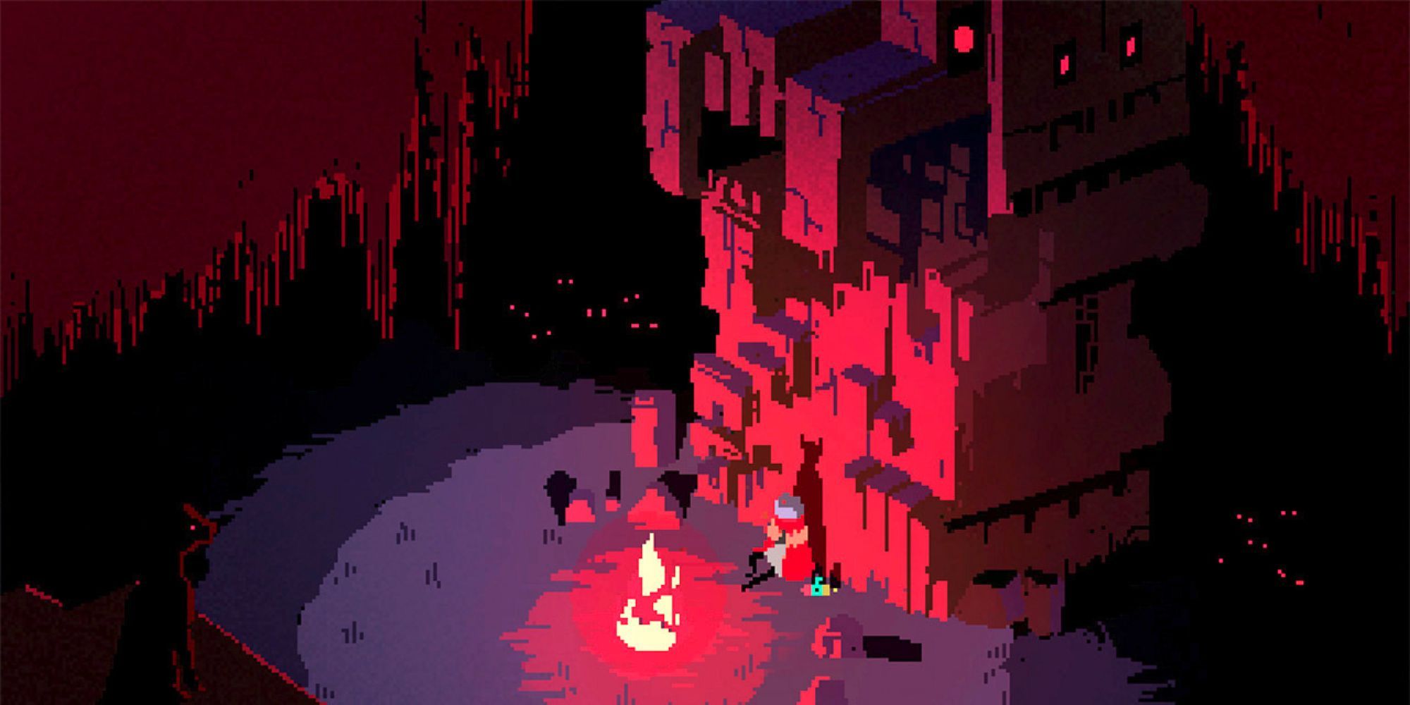 The Drifter sits by a fire in a dark cave-like area, with eyes staring from the darkness