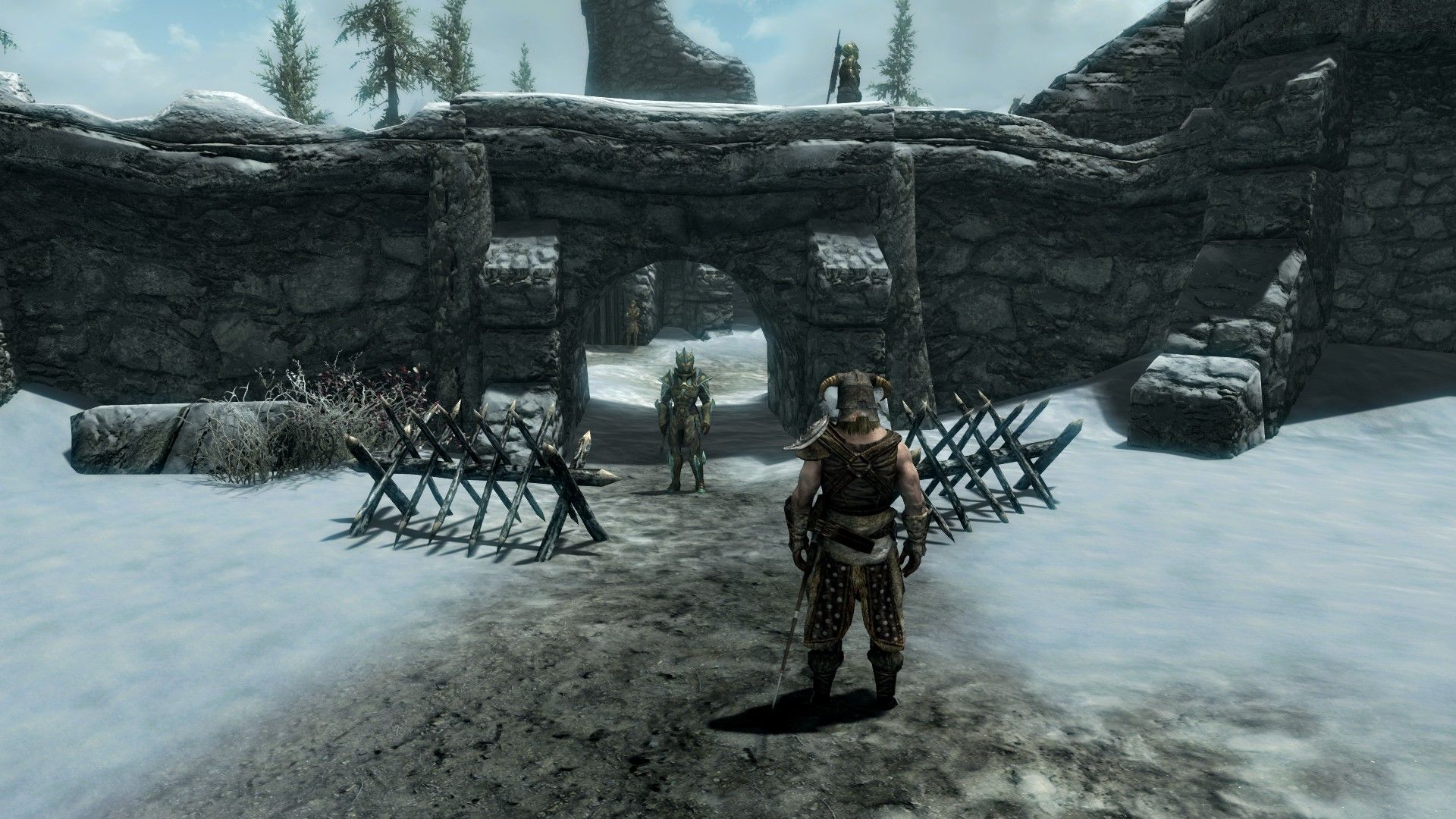 An adventurer stands off against a soldier outside a snowy castle.
