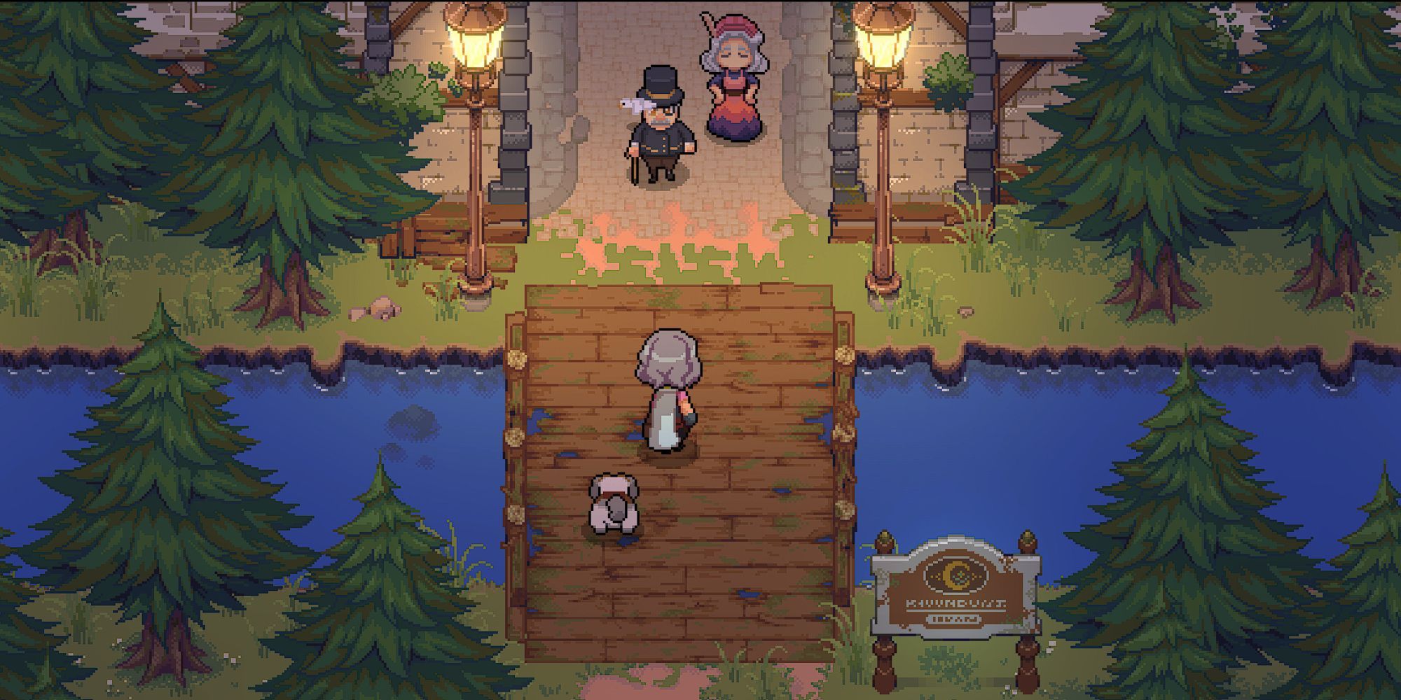 the apothecary and her dog cross a wooden bridge as the mayor and his wife greet them at the town's entrance