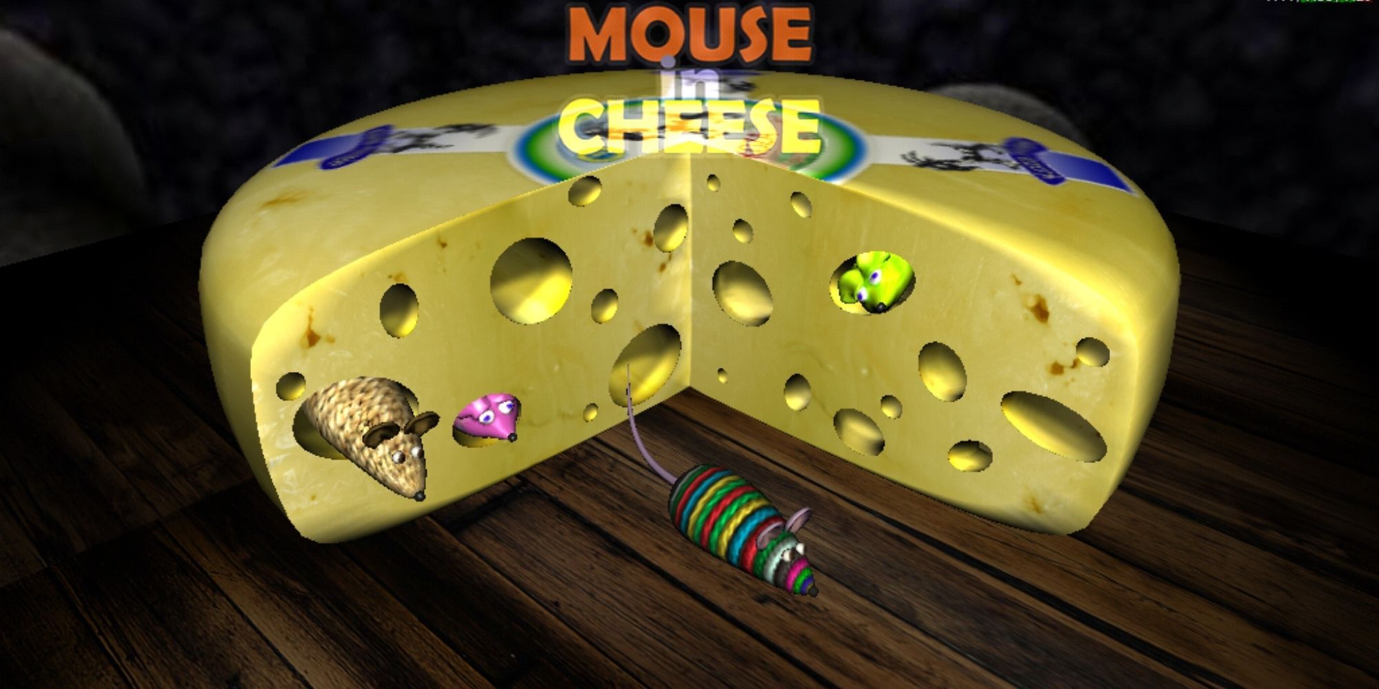 Three mice peek out of holes from a wedge of cheese while one mouse runs out on the table