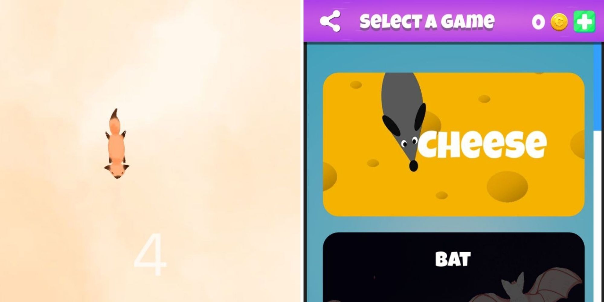 left: a cartoon fox runs around a cream background with a score showing 4 points; right - a game selection screen showing Cheese and Bat modes